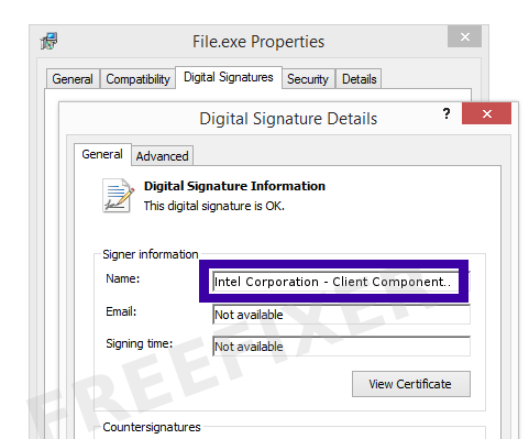 Screenshot of the Intel Corporation - Client Components Group certificate